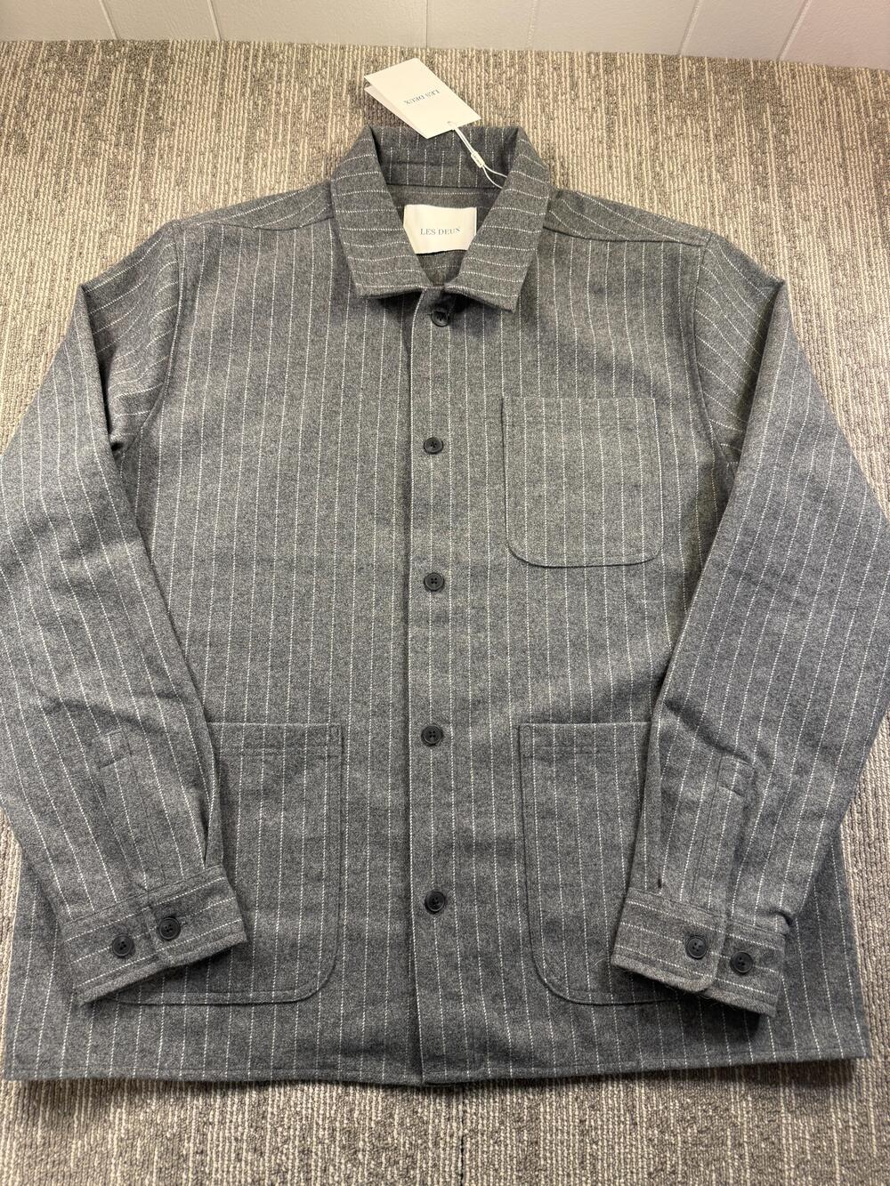 Les Deux Jacket Mens XL Gray Layton Pinstripe Wool Overshirt Flannel Workwear